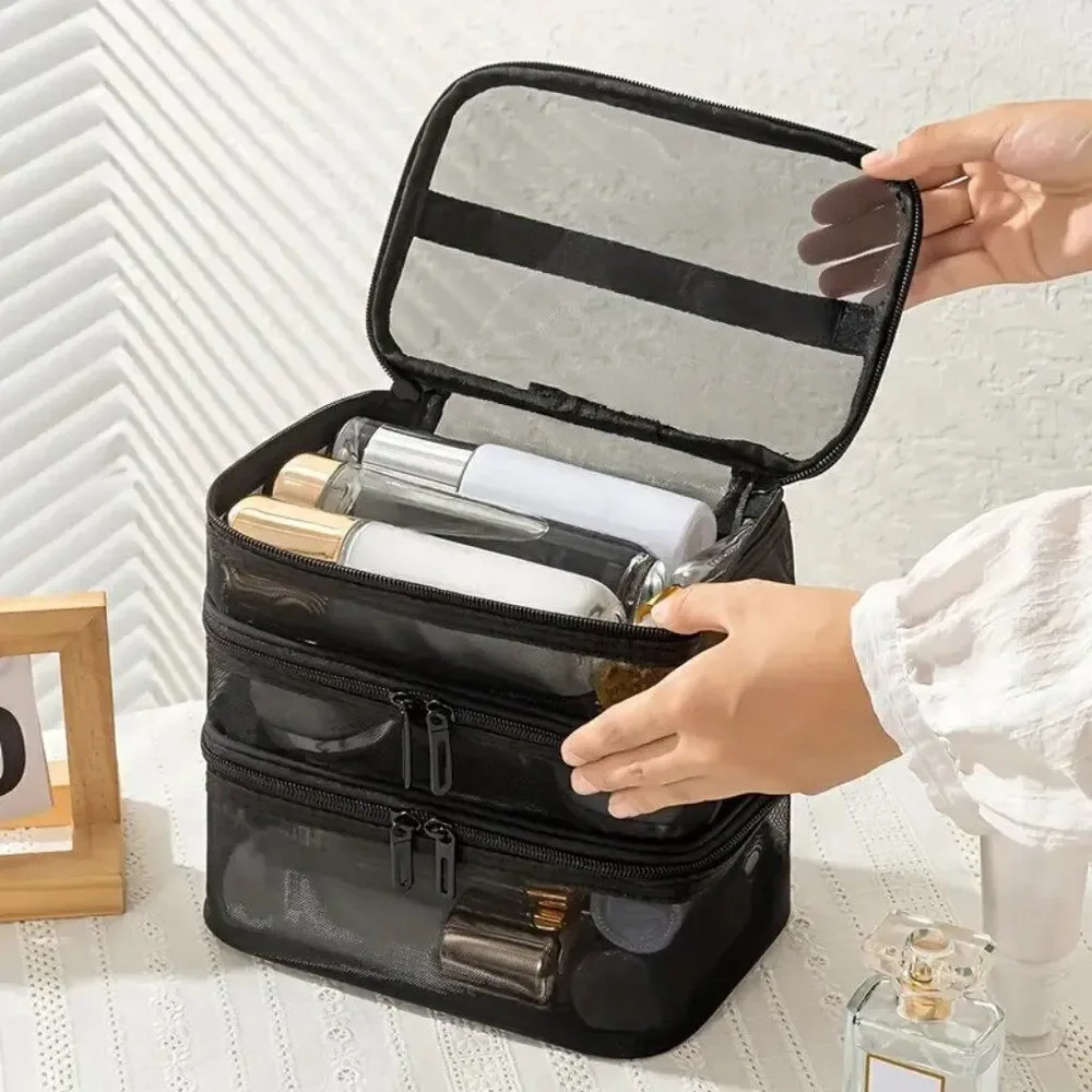 Chic Large Black Nylon Foldable Lightweight 3-Layer Mesh Cosmetic Bag